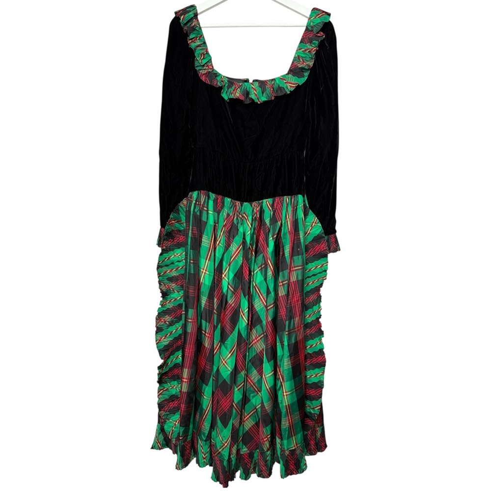 ALBERT CAPRARO 80s‎ Black Velvet Tartan Plaid Holiday Party Dress Size 8
